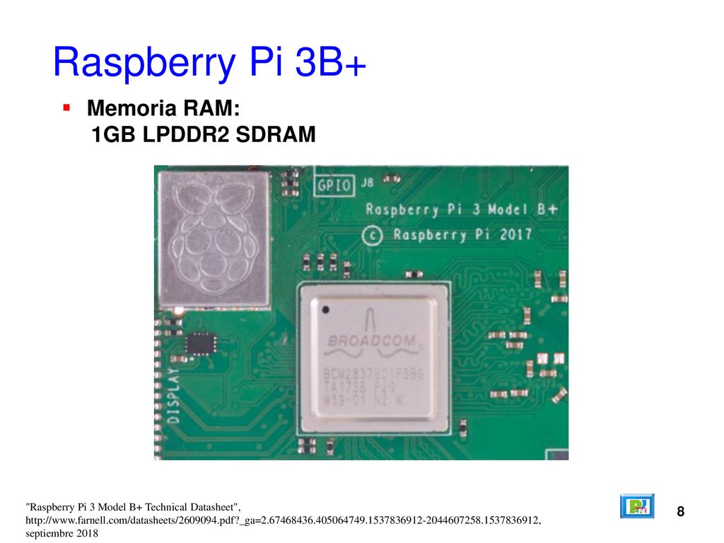 Raspberry Pi 3B+ Memoria RAM: 1GB LPDDR2 SDRAM 8