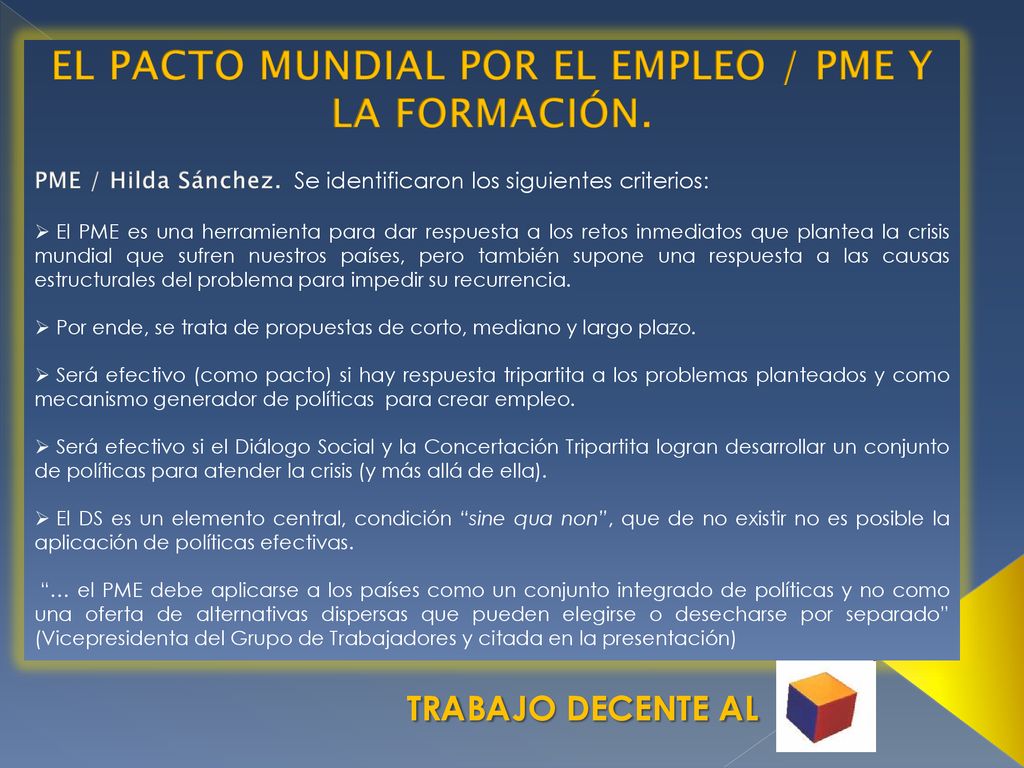 EL PACTO MUNDIAL POR EL EMPLEO / PME Y LA FORMACIÓN.