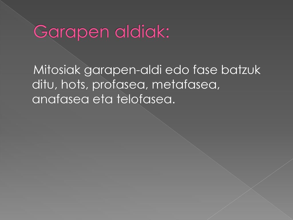 Garapen aldiak: Mitosiak garapen-aldi edo fase batzuk ditu, hots, profasea, metafasea, anafasea eta telofasea.