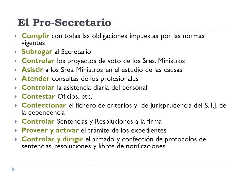 El Pro-Secretario Cumplir con todas las obligaciones impuestas por las normas vigentes. Subrogar al Secretario.