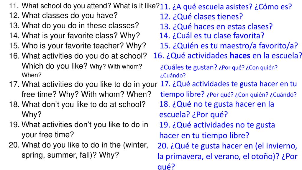 13. ¿Qué haces en estas clases 14. ¿Cuál es tu clase favorita