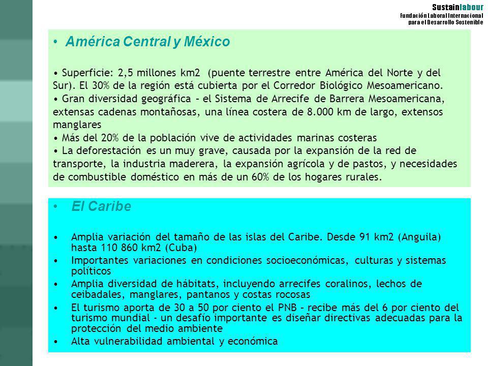 América Central y México • Superficie: 2,5 millones km2 (puente terrestre entre América del Norte y del Sur). El 30% de la región está cubierta por el Corredor Biológico Mesoamericano. • Gran diversidad geográfica – el Sistema de Arrecife de Barrera Mesoamericana, extensas cadenas montañosas, una línea costera de km de largo, extensos manglares • Más del 20% de la población vive de actividades marinas costeras • La deforestación es un muy grave, causada por la expansión de la red de transporte, la industria maderera, la expansión agrícola y de pastos, y necesidades de combustible doméstico en más de un 60% de los hogares rurales.
