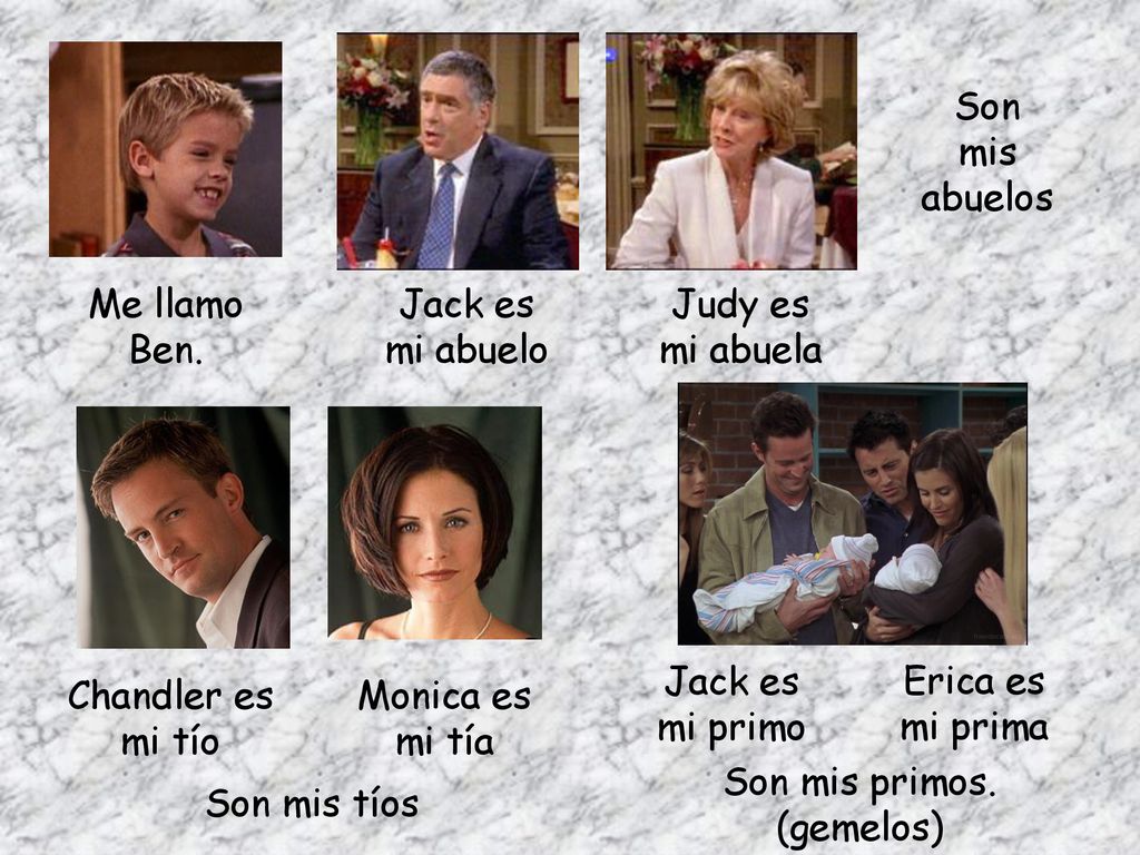 Son mis. abuelos. Me llamo. Ben. Jack es. mi abuelo. Judy es. mi abuela. Jack es. mi primo.