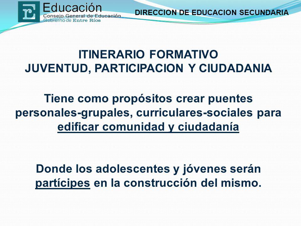 ITINERARIO FORMATIVO JUVENTUD, PARTICIPACION Y CIUDADANIA Tiene como propósitos crear puentes personales-grupales, curriculares-sociales para edificar comunidad y ciudadanía Donde los adolescentes y jóvenes serán partícipes en la construcción del mismo.