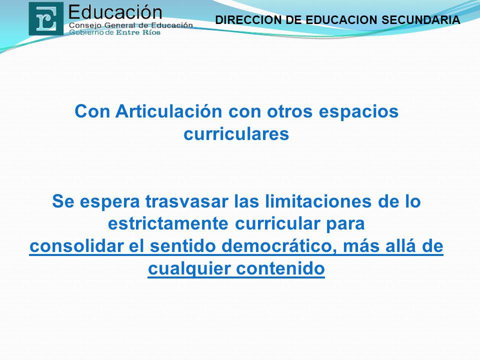 Con Articulación con otros espacios curriculares Se espera trasvasar las limitaciones de lo estrictamente curricular para consolidar el sentido democrático, más allá de cualquier contenido