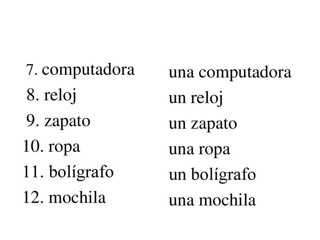 una computadora 8. reloj un reloj 9. zapato un zapato 10. ropa
