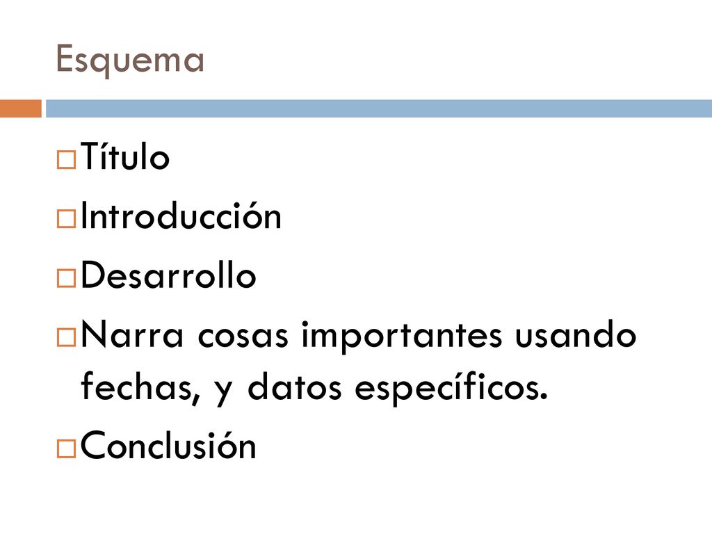 Esquema Título. Introducción. Desarrollo. Narra cosas importantes usando fechas, y datos específicos.