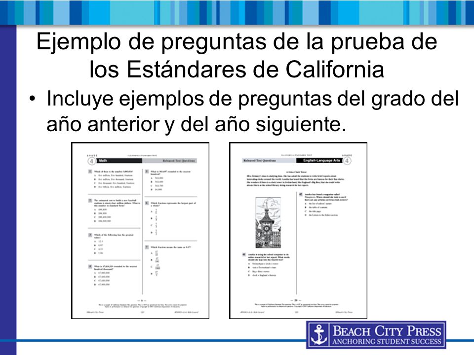 Ejemplo de preguntas de la prueba de los Estándares de California