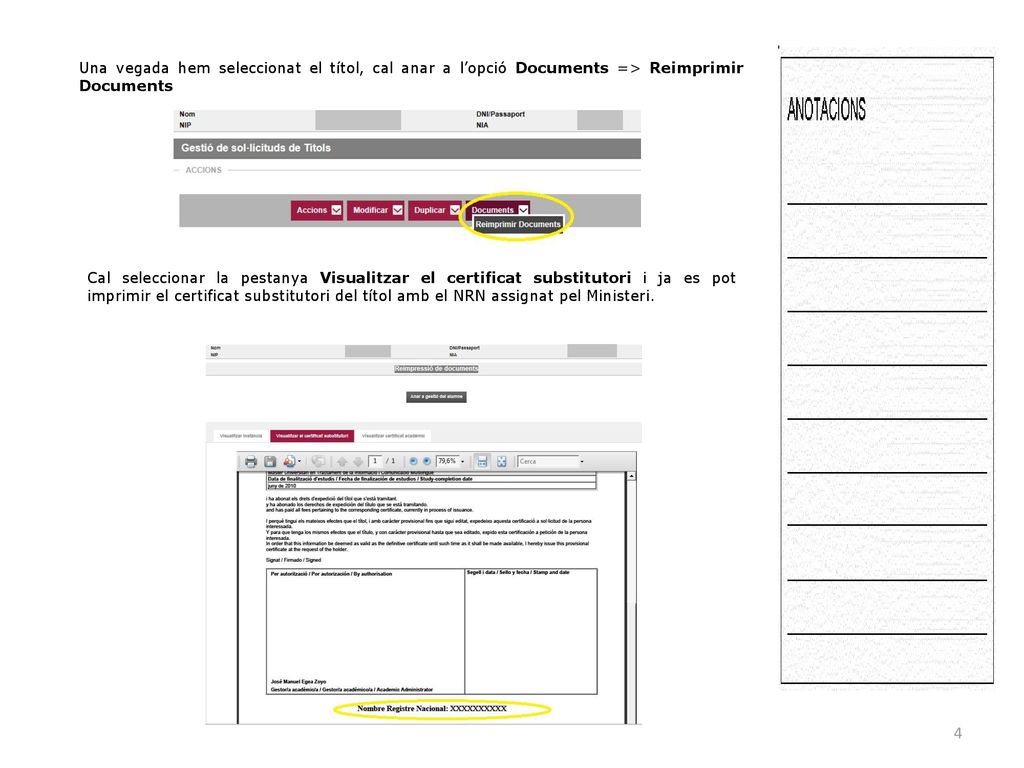 Una vegada hem seleccionat el títol, cal anar a l’opció Documents => Reimprimir Documents