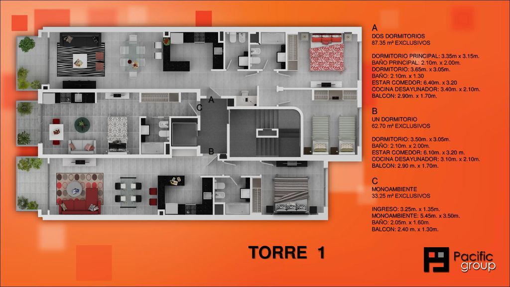 TORRE 1 A B A C C B DOS DORMITORIOS m² EXCLUSIVOS