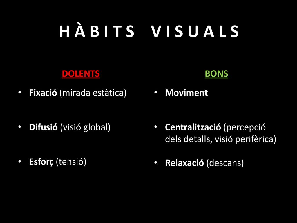 H À B I T S V I S U A L S DOLENTS BONS Fixació (mirada estàtica)