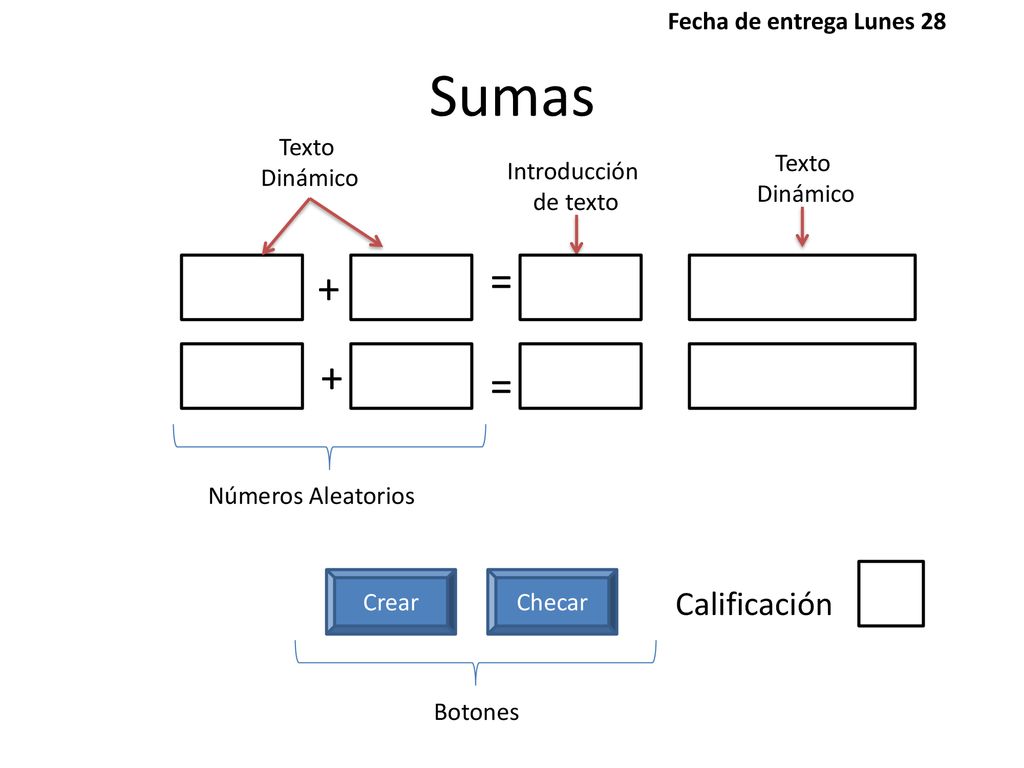 Sumas = + + = Calificación Fecha de entrega Lunes 28 Texto Dinámico