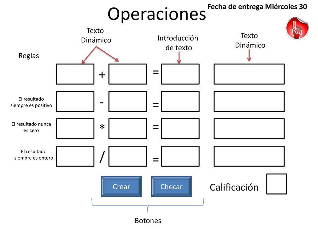 Operaciones = + - = = * / = Calificación Fecha de entrega Miércoles 30