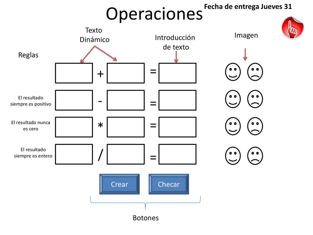 Operaciones = + - = = * / = Fecha de entrega Jueves 31 Texto Dinámico