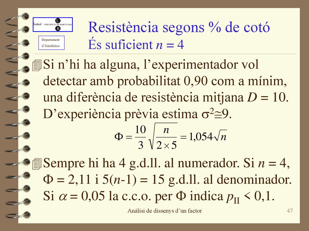 Resistència segons % de cotó És suficient n = 4