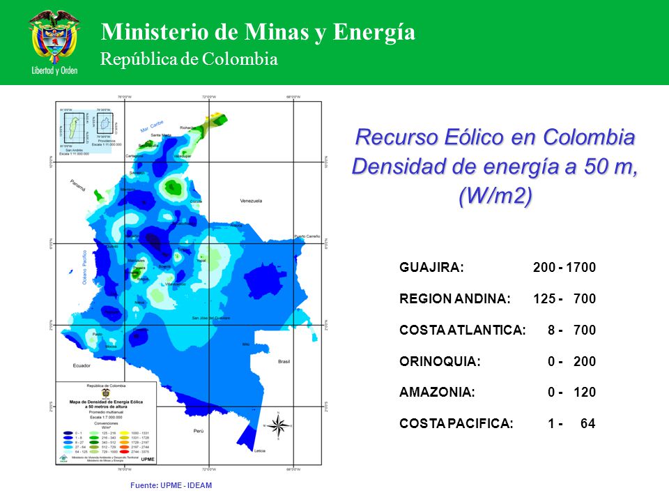 Recurso Eólico en Colombia Densidad de energía a 50 m, (W/m2)