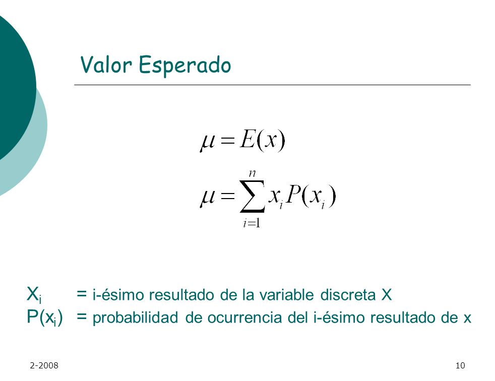 Valor Esperado Xi = i-ésimo resultado de la variable discreta X P(xi) = probabilidad de ocurrencia del i-ésimo resultado de x.