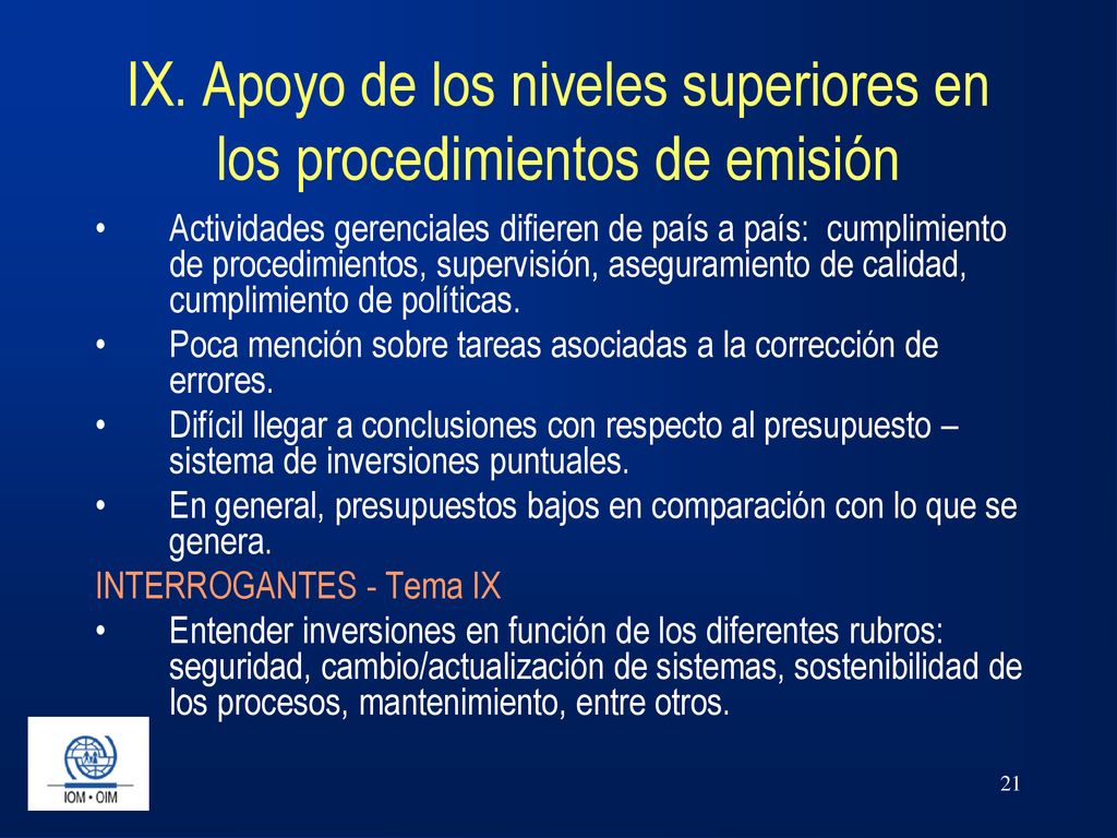 IX. Apoyo de los niveles superiores en los procedimientos de emisión