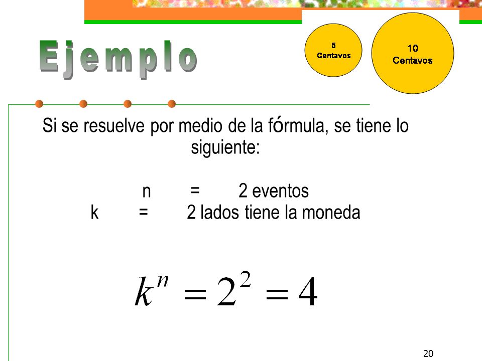 Ejemplo Si se resuelve por medio de la fórmula, se tiene lo siguiente: n = 2 eventos k = 2 lados tiene la moneda.