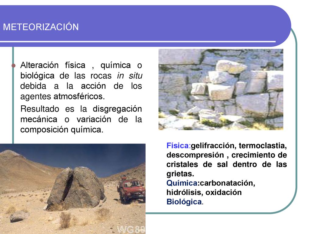 METEORIZACIÓN Alteración física , química o biológica de las rocas in situ debida a la acción de los agentes atmosféricos.