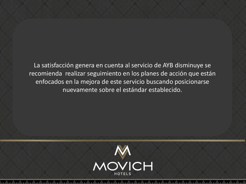 La satisfacción genera en cuenta al servicio de AYB disminuye se recomienda realizar seguimiento en los planes de acción que están enfocados en la mejora de este servicio buscando posicionarse nuevamente sobre el estándar establecido.