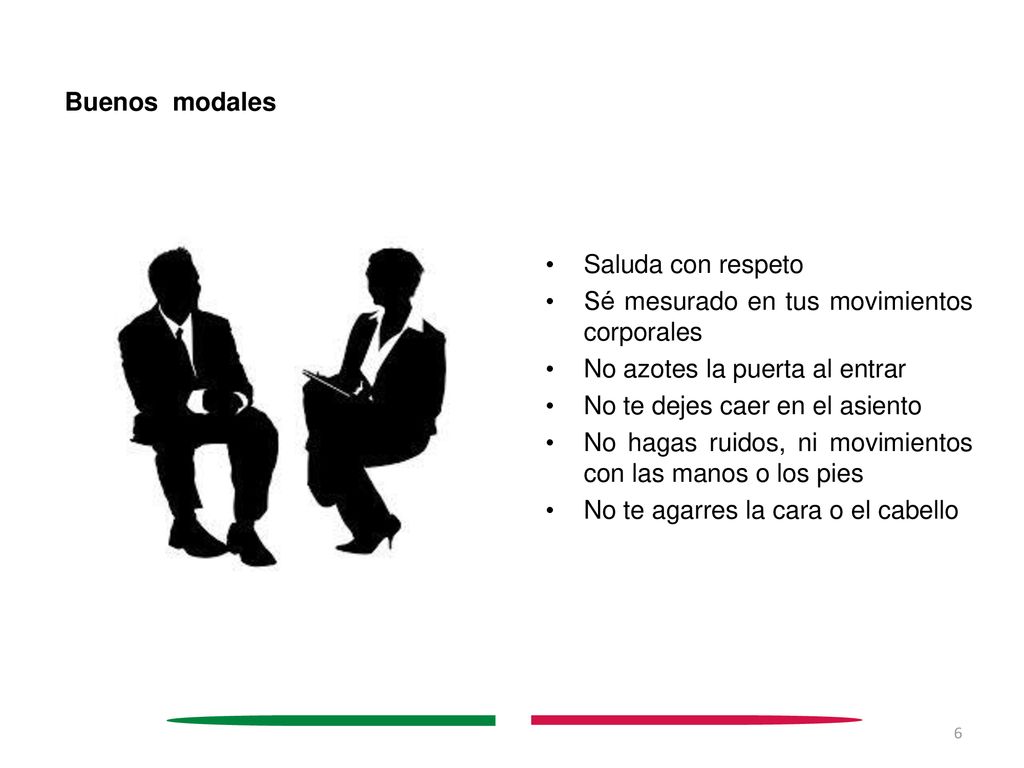 Buenos modales Saluda con respeto. Sé mesurado en tus movimientos corporales. No azotes la puerta al entrar.