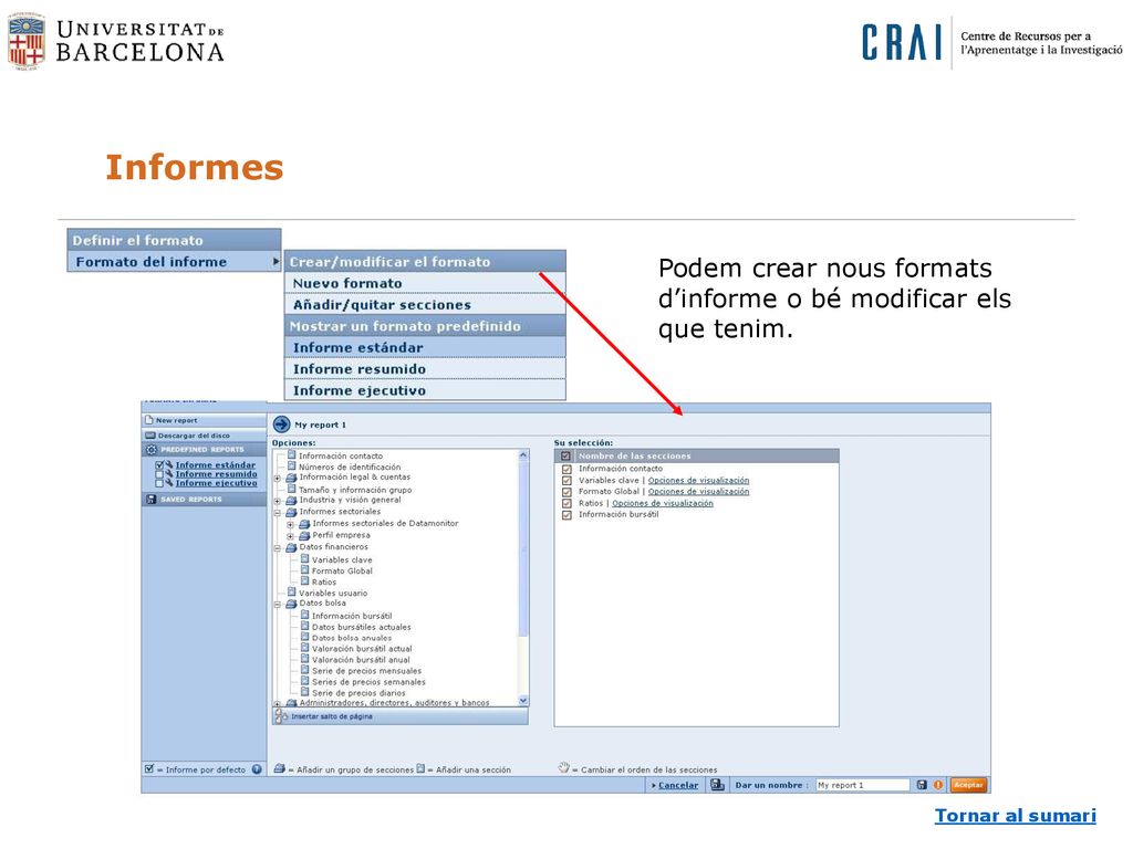 Informes Podem crear nous formats d’informe o bé modificar els