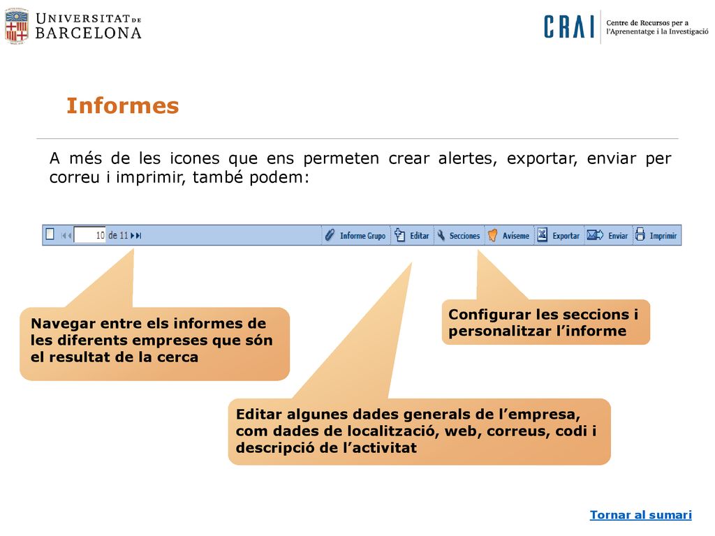 Informes A més de les icones que ens permeten crear alertes, exportar, enviar per correu i imprimir, també podem:
