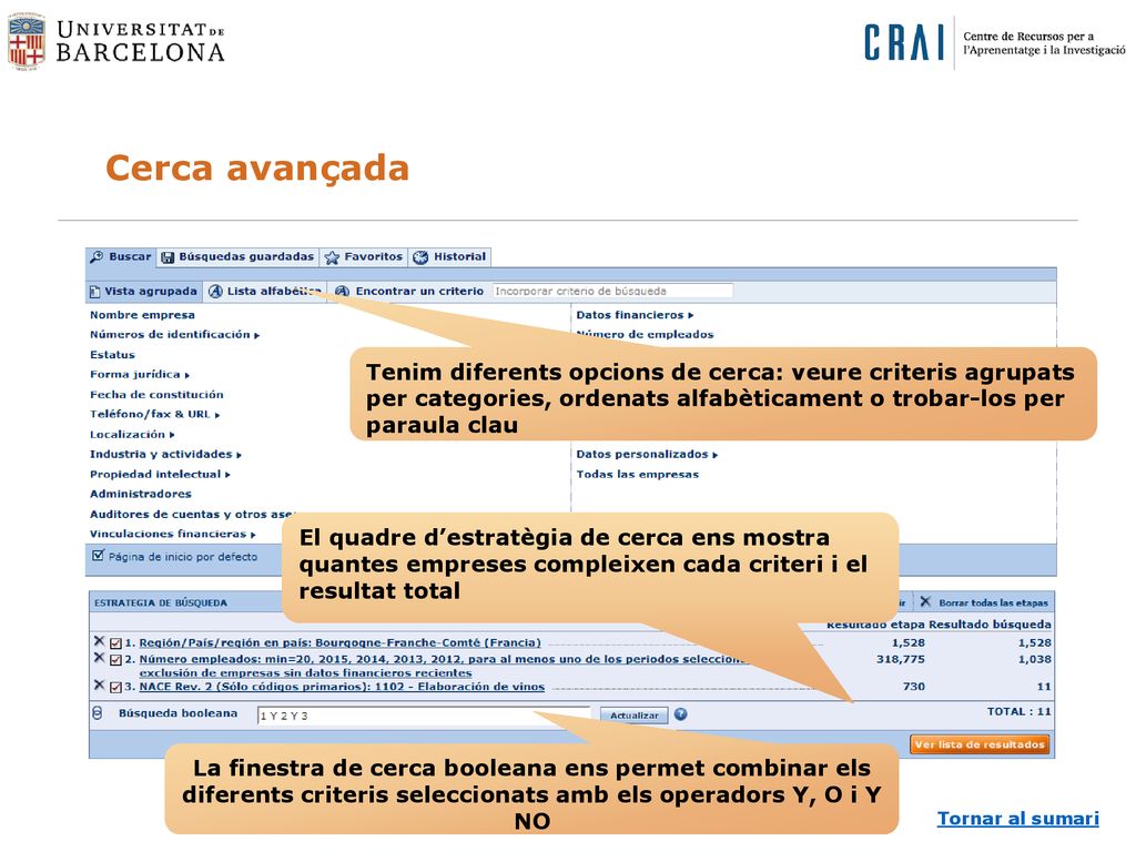 Cerca avançada Tenim diferents opcions de cerca: veure criteris agrupats per categories, ordenats alfabèticament o trobar-los per paraula clau.