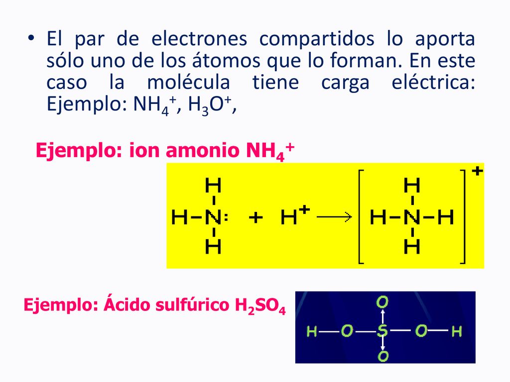 El par de electrones compartidos lo aporta sólo uno de los átomos que lo forman. En este caso la molécula tiene carga eléctrica: Ejemplo: NH4+, H3O+,