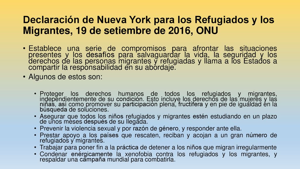 Declaración de Nueva York para los Refugiados y los Migrantes, 19 de setiembre de 2016, ONU