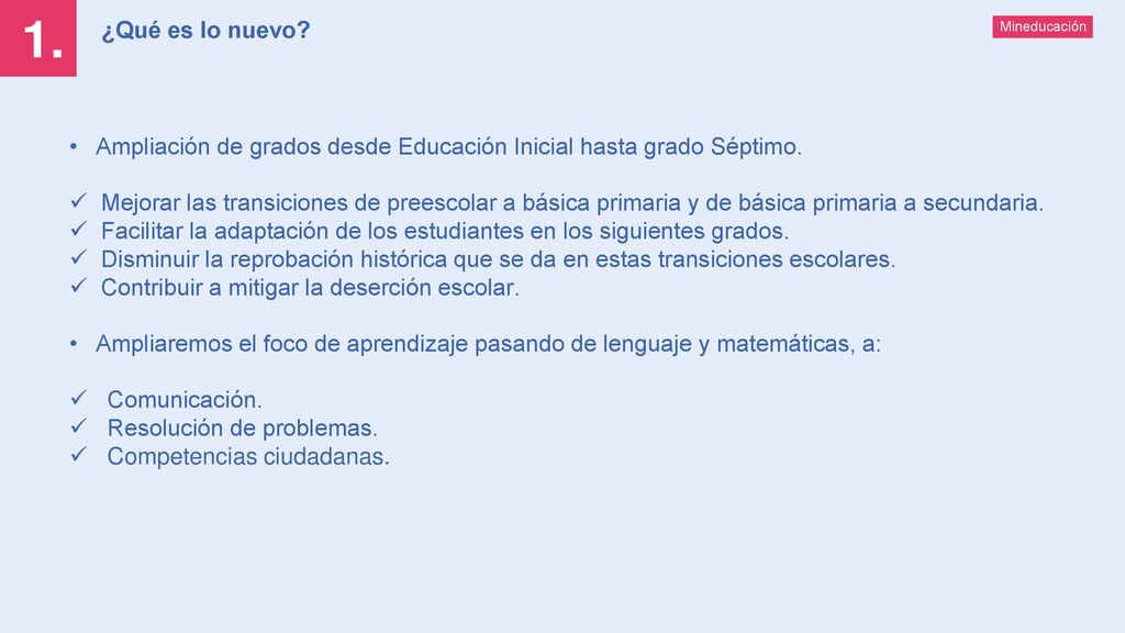 1. ¿Qué es lo nuevo Mineducación. Ampliación de grados desde Educación Inicial hasta grado Séptimo.