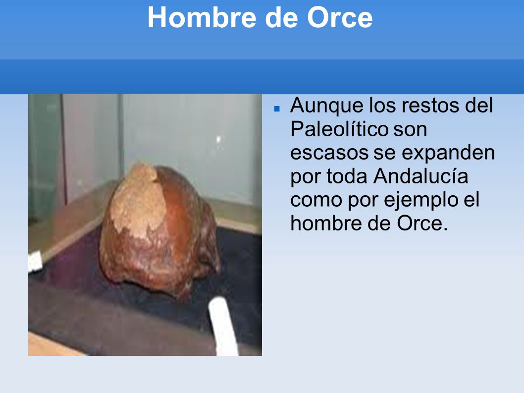 Hombre de Orce Aunque los restos del Paleolítico son escasos se expanden por toda Andalucía como por ejemplo el hombre de Orce.
