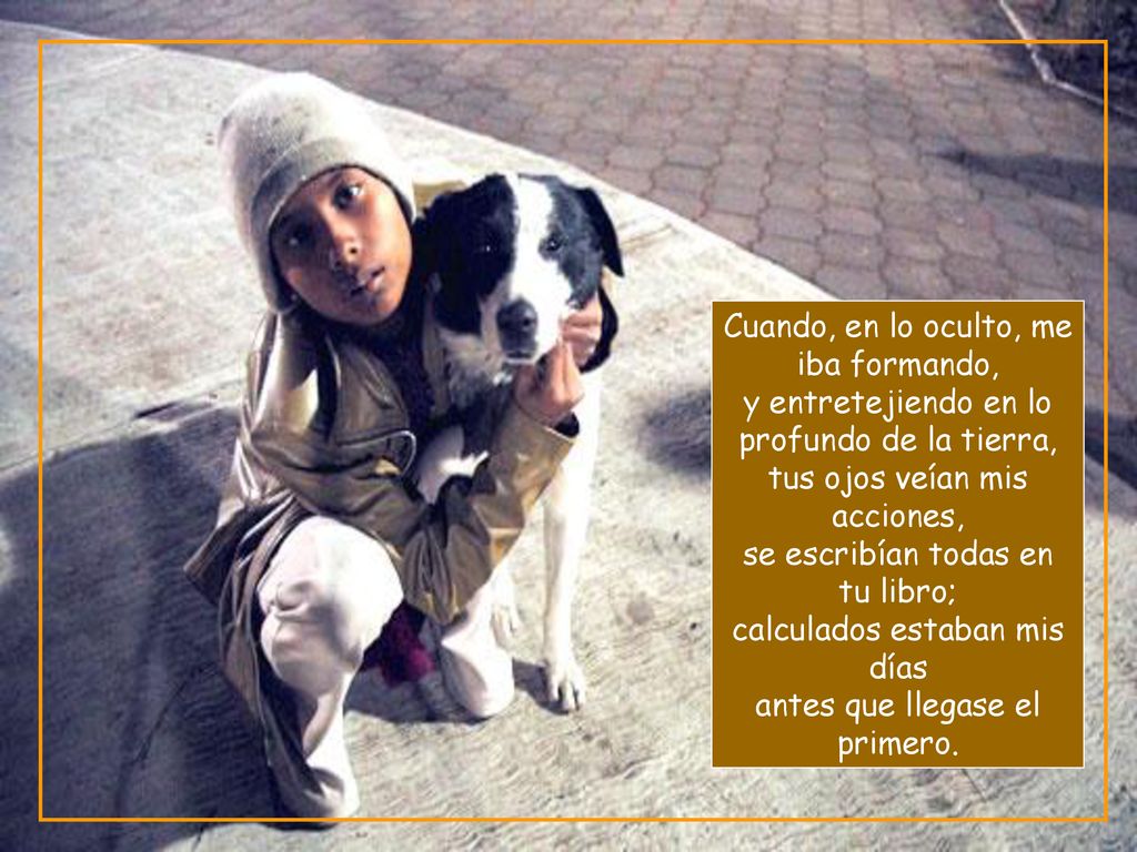 Cuando, en lo oculto, me iba formando, y entretejiendo en lo profundo de la tierra, tus ojos veían mis acciones, se escribían todas en tu libro; calculados estaban mis días antes que llegase el primero.