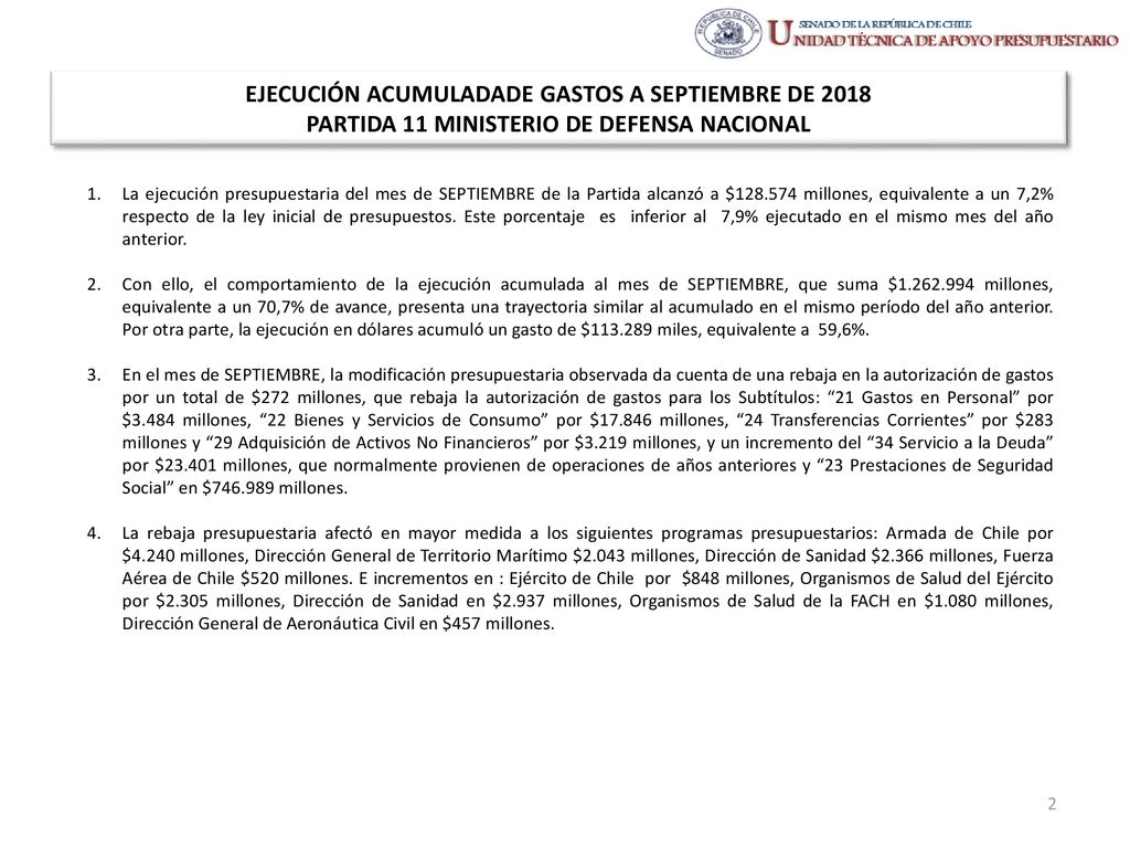 EJECUCIÓN ACUMULADADE GASTOS A SEPTIEMBRE DE 2018 PARTIDA 11 MINISTERIO DE DEFENSA NACIONAL
