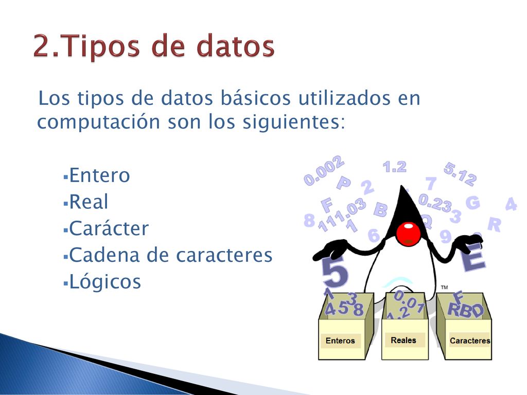 2.Tipos de datos Los tipos de datos básicos utilizados en computación son los siguientes: Entero.