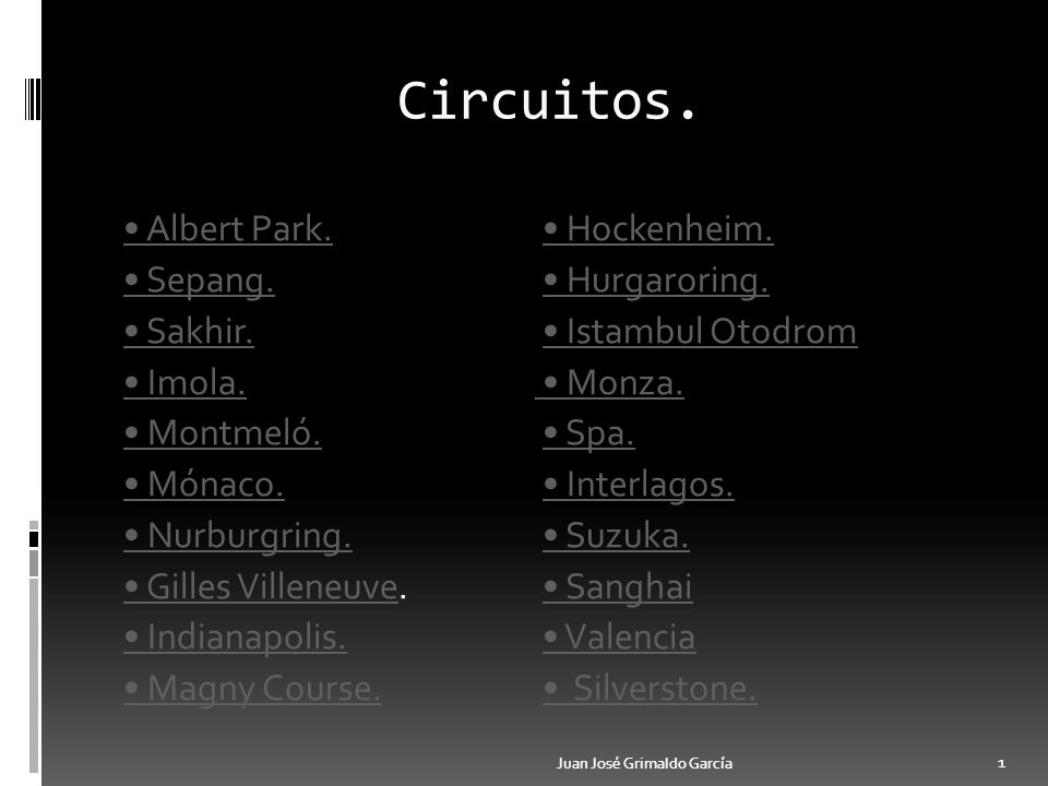 Circuitos. • Albert Park. • Hockenheim. • Sepang. • Hurgaroring.