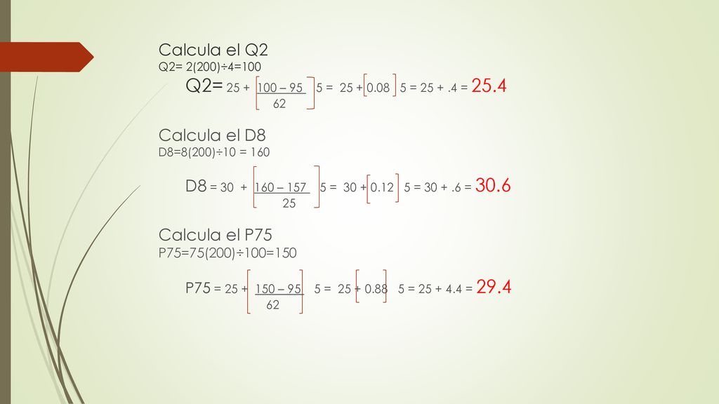 Calcula el Q2 Q2= 2(200)÷4=100. Q2= – 95 5 =
