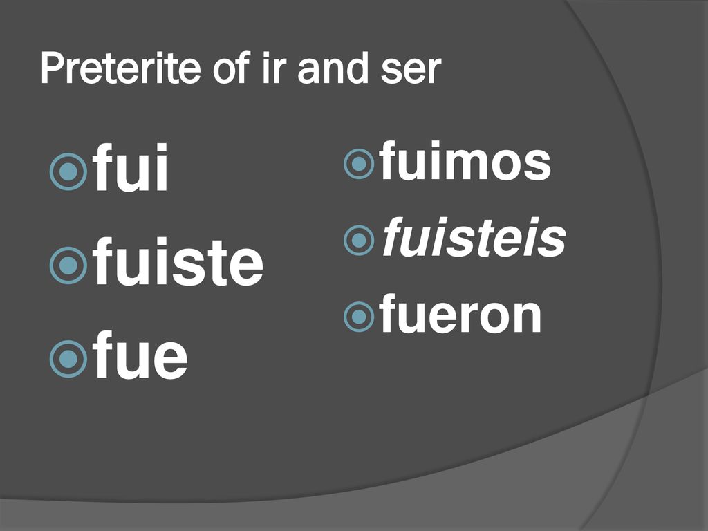 Preterite of ir and ser fui fuiste fue fuimos fuisteis fueron