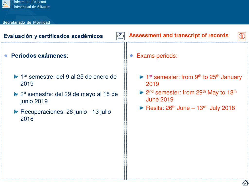 1er semestre: del 9 al 25 de enero de 2019