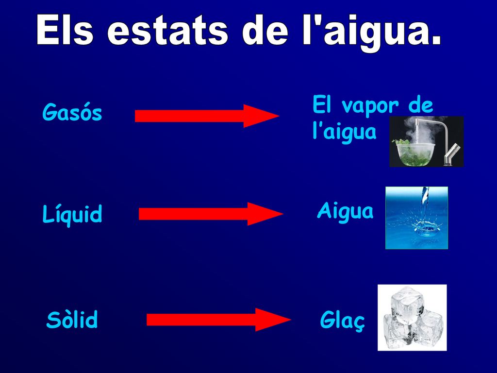 Els estats de l aigua. El vapor de l’aigua Gasós Aigua Líquid Sòlid