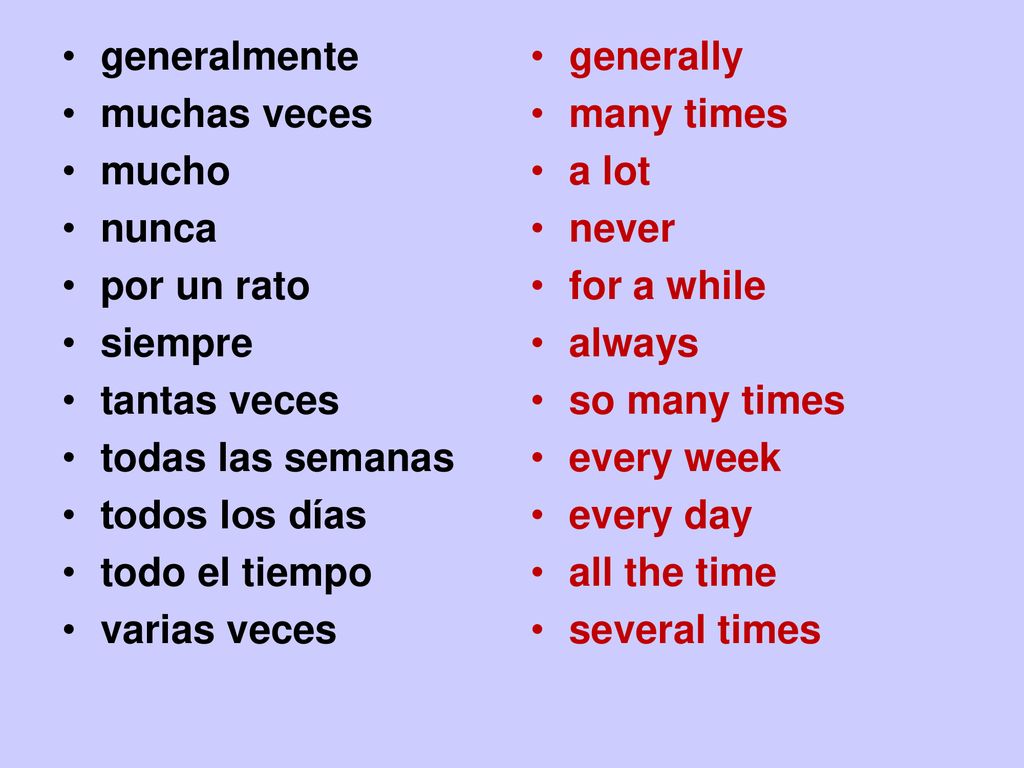 generalmente muchas veces. mucho. nunca. por un rato. siempre. tantas veces. todas las semanas.