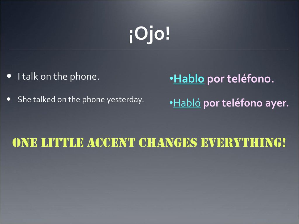 ¡Ojo! One little accent changes everything! Hablo por teléfono.