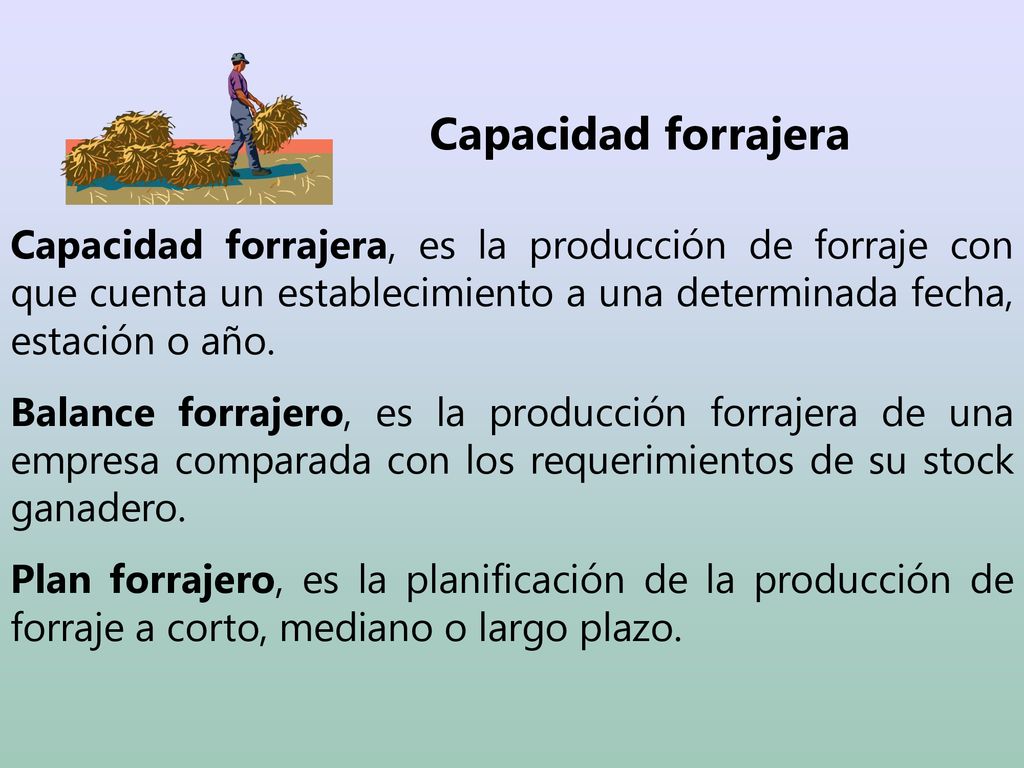 Capacidad forrajera Capacidad forrajera, es la producción de forraje con que cuenta un establecimiento a una determinada fecha, estación o año.