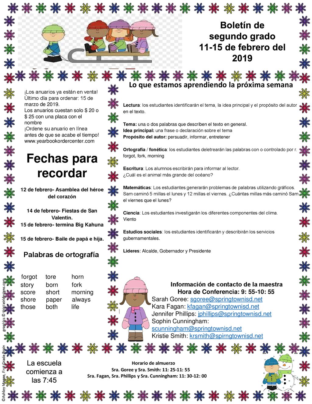 Fechas para recordar Boletín de segundo grado