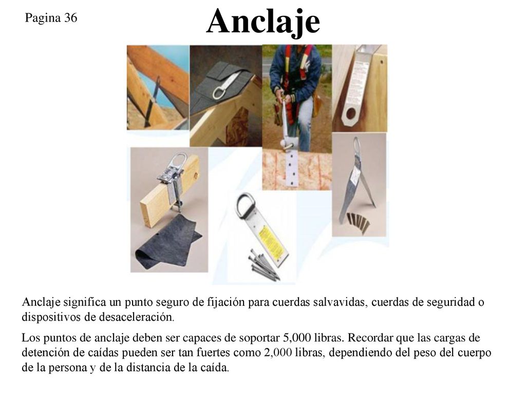 Anclaje Pagina 36. Anclaje significa un punto seguro de fijación para cuerdas salvavidas, cuerdas de seguridad o dispositivos de desaceleración.