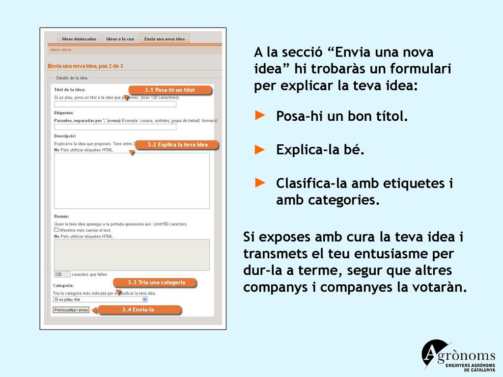 A la secció Envia una nova idea hi trobaràs un formulari per explicar la teva idea: