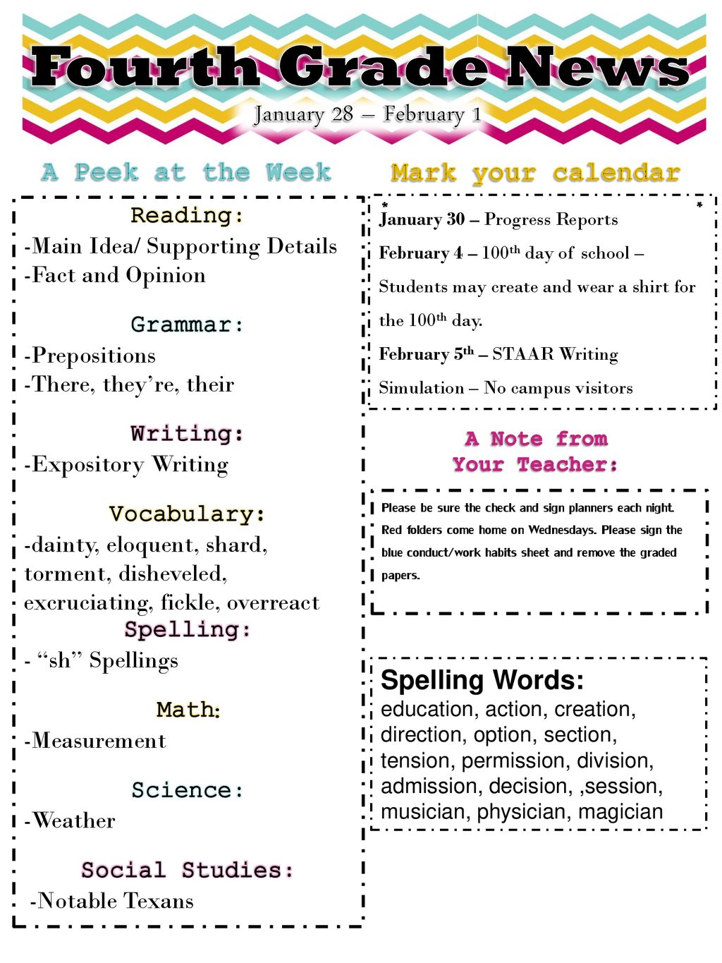 Fourth Grade News January 28 – February 1 A Peek at the Week