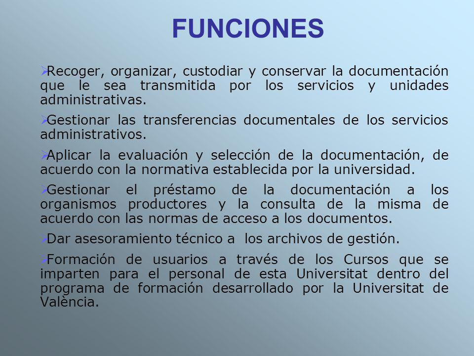 FUNCIONES Recoger, organizar, custodiar y conservar la documentación que le sea transmitida por los servicios y unidades administrativas.