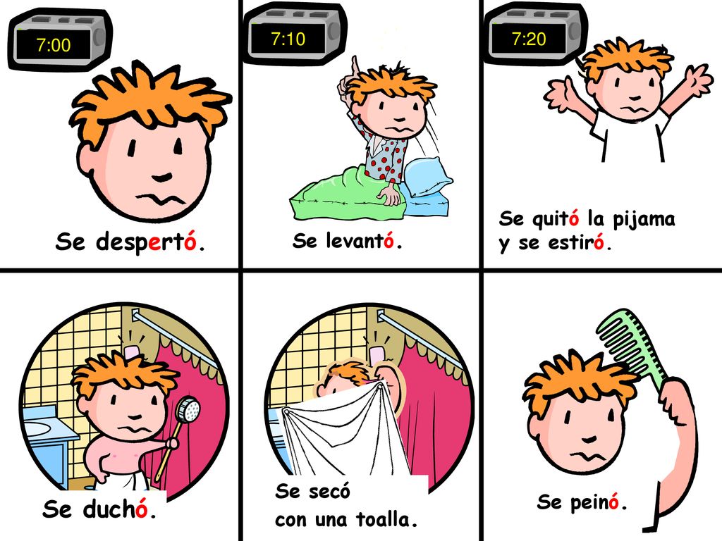 Se despertó. Se duchó. Se quitó la pijama y se estiró. Se levantó.